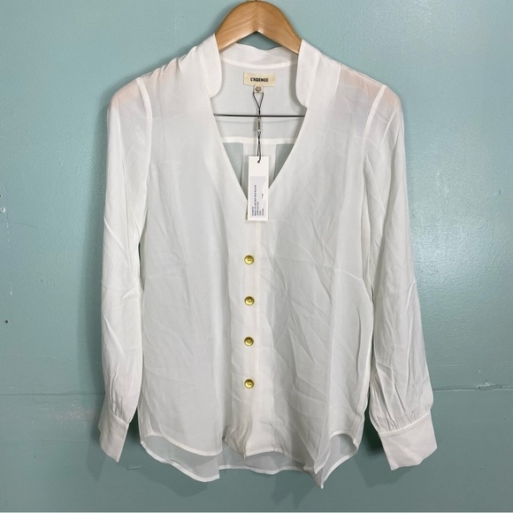 L’agence Band Collar Deep Neck Blouse‎ Silk White Sz XS - Picture 1 of 6